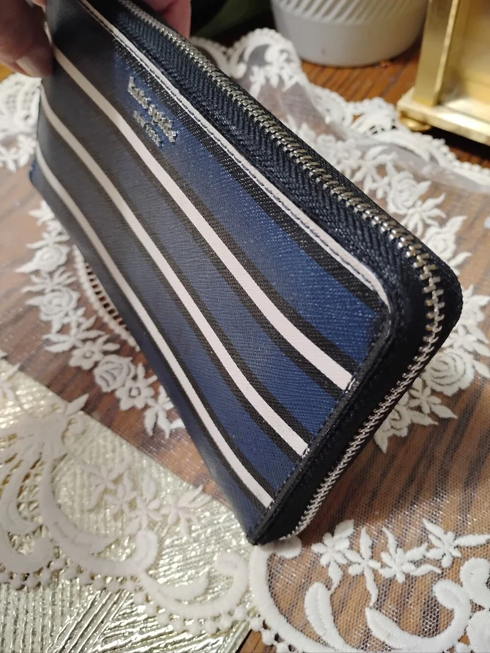 Kate Spade Navy, White & Black Striped Zip Around Clutch Wallet